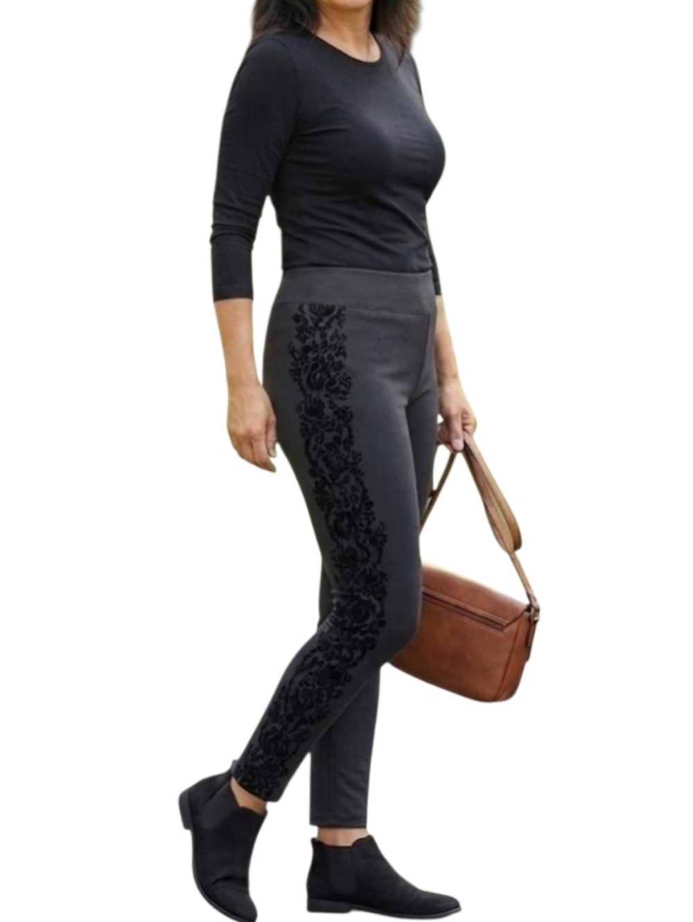 Ann Taylor Black Flocked Floral Side Leggings Size Large